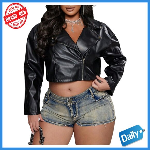 Plus Size Faux Leather Bomber Jacket Crop Motorcycle Biker Coat